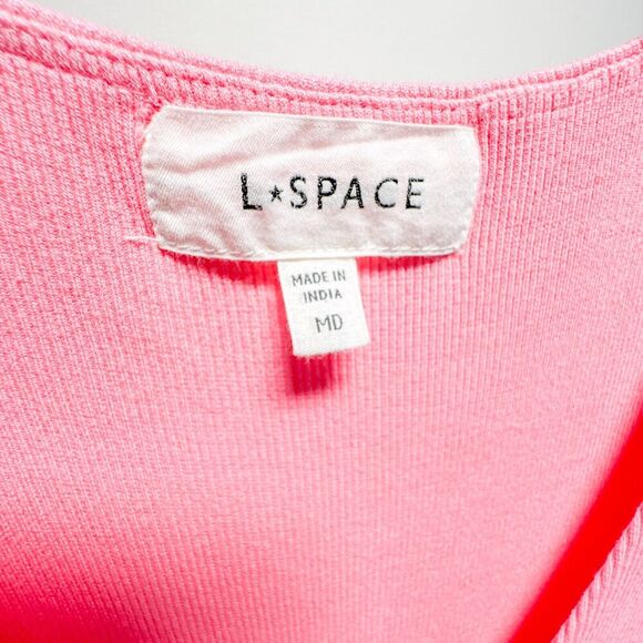 L Space Lani Pink Guava Ruched Mini Short Sleeve Stretch Dress Medium - Picture 4 of 9